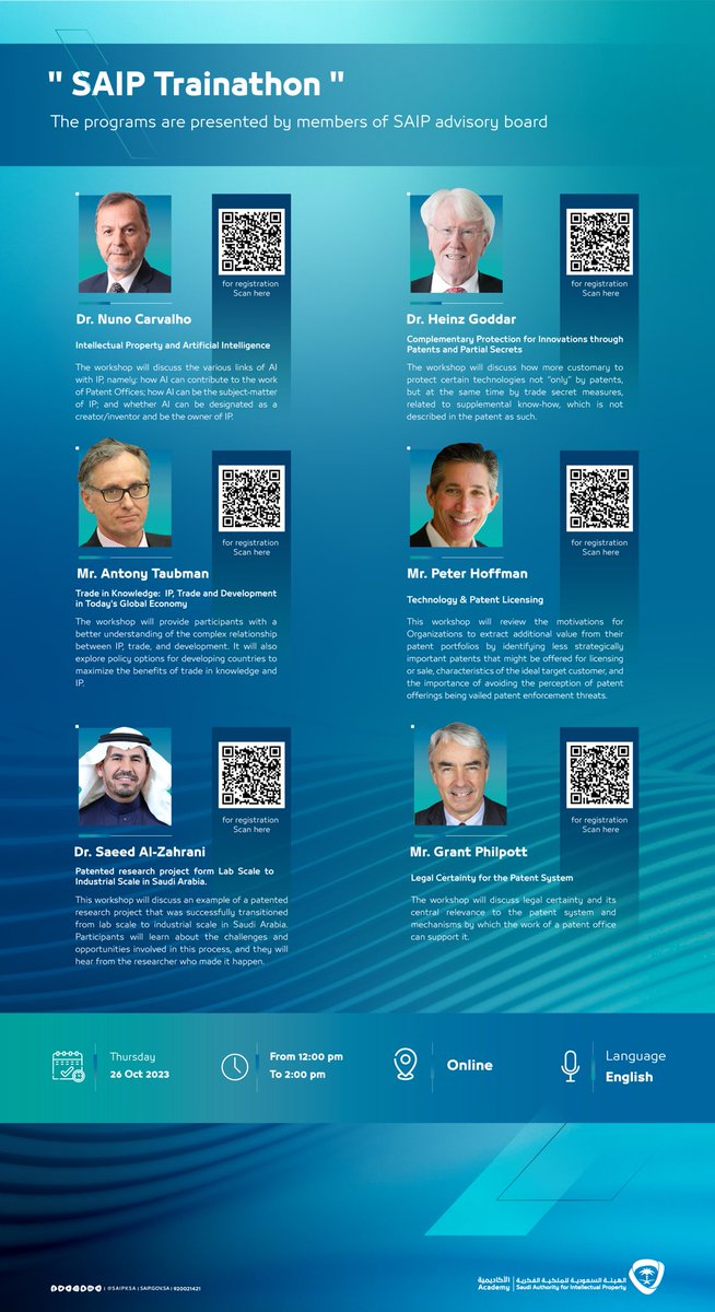 IP Academy is pleased to invite you to attend a number of training workshops presented by the SAIP Advisory Board entitled “IP Trainathon”

To register through the link 👇🏼:
wipo.int/academy/en/eve…