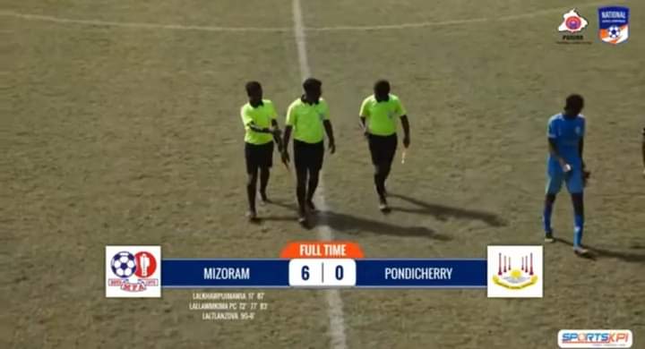 #Mizoram thrashed #Pondicherry  6️⃣-0️⃣ at the 
77th Senior Men's National Football Championship for Santosh Trophy 2023-24🏆
  A hat-trick for Lallawmkima PC(72' 77' 83') and braces from Lalkhawpuinawia(17' 87') &amp; Laltlanzova (90+6') scored for Mizoram.