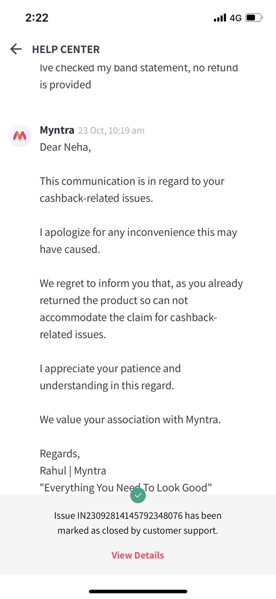 TheNehanium's tweet photo. @myntra @MyntraSupport first you communicate that refund has been provided, and later you deny the refund. And now your customer care executives showing attitude by putting my calls on long hold beyond 10 mins https://t.co/LdVY3wc4vQ