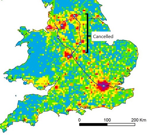 peterrhague's tweet photo. Overlaying the HS2+HS3 route with a map of population density in the UK (from a paper on air quality, but it sufficies for this purpose). 

There are two main concentrations of population in the UK - London and its immediate surroundings, and the ring of Birmingham-Manchester-Leeds, which i'll refer to as the "North" here even though it encompasses some of the Midlands and not all of the actual North.

The only part of the whole network which is being built now is that which connects London to Birmingham; which will benefit Birmingham somewhat, but mostly will benefit commuters near London. 

The cancelled part of the network would've bought the North closer to being able to function as a continuous economic unit. Manchester to Leeds in 25 minutes, Birmingham to Leeds in 46 minutes. A paranoid Northerner might suspect that politicians in London intentionally sabotaged such integration. 

As it is, the government breathlessly announces that you will still be able to board high speed services on regular tracks, and they will only go high speed on the existing line (as if they just thought of the idea, and that wasn't already the plan during phase one anyway). So the trains will only serve to get people from the North to London and back. They are perhaps genuinely baffled as to why someone would board a train and not go to London.