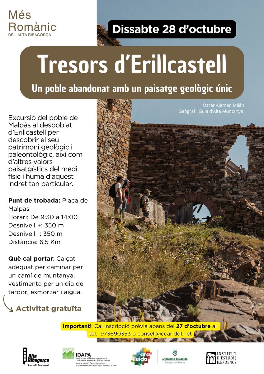 Tresors d'Erillcastell. Un poble abandonat amb un paisatge geològic únic.  Excursió guiada gratuïta, conduïda pel geògraf i guia Òscar Alemán per descobrir el patrimoni geològic i paleontològic ialtres valors paisatgístics d'aquest indret ow.ly/EIky50Q02e4