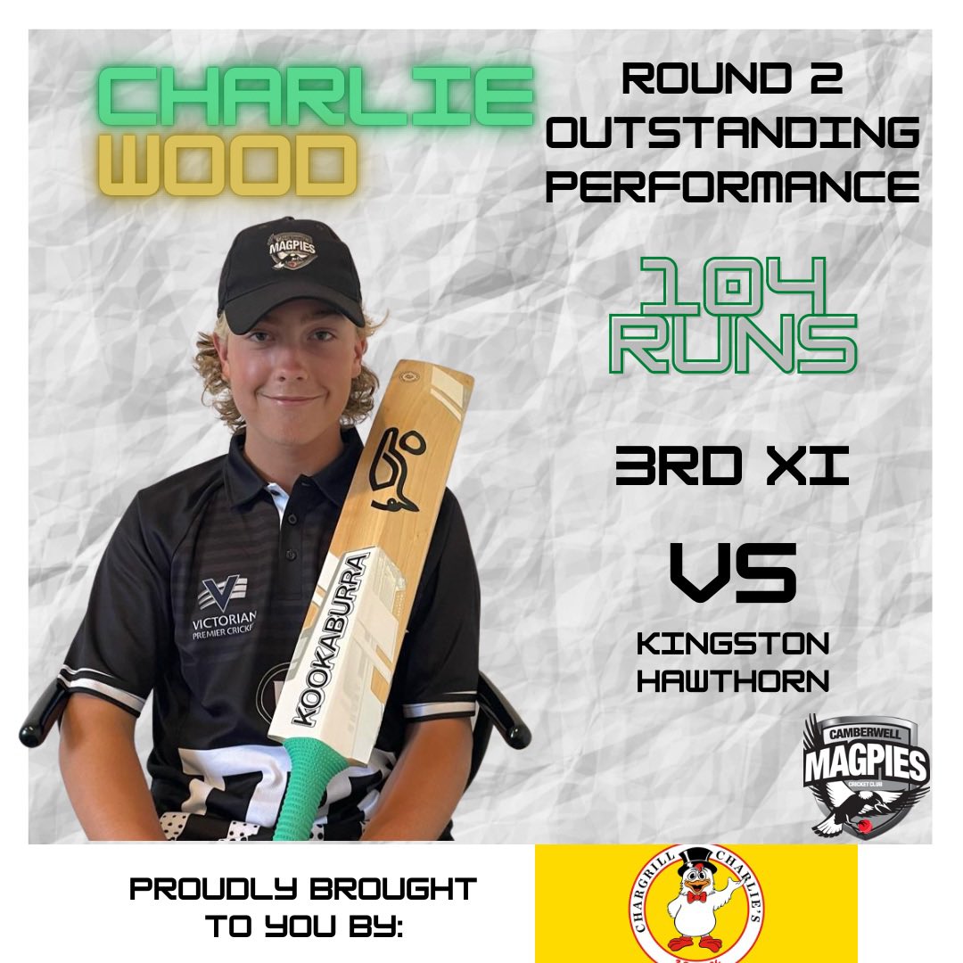 Congratulations to Charlie Wood on his 104 in Round 2! This was Charlies first senior game for the club and boy did he give us a show! Having demonstrated his class in last year's Dowling Shield, Charlie continues to impress with every opportunity he gains! 

1/2