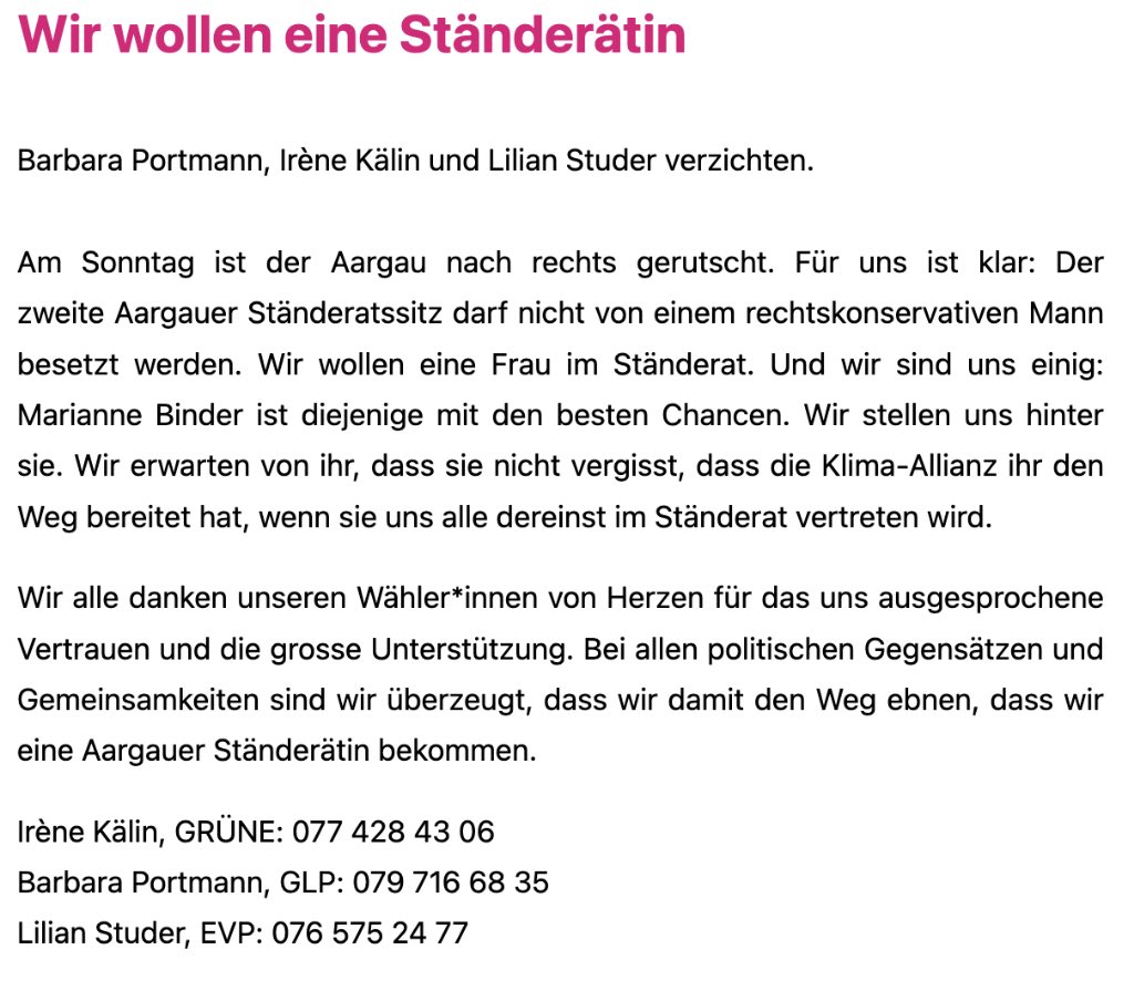 KaelinIrene's tweet photo. Für uns ist klar: Der 2. Aargauer Ständeratssitz darf nicht von einem rechtskonservativen Mann besetzt werden. Wir wollen eine #Frau im #Ständerat. Und wir sind uns einig: @BinderMarianne ist diejenige mit den besten Chancen. Wir stellen uns hinter sie. https://t.co/zpqCfCJT9K