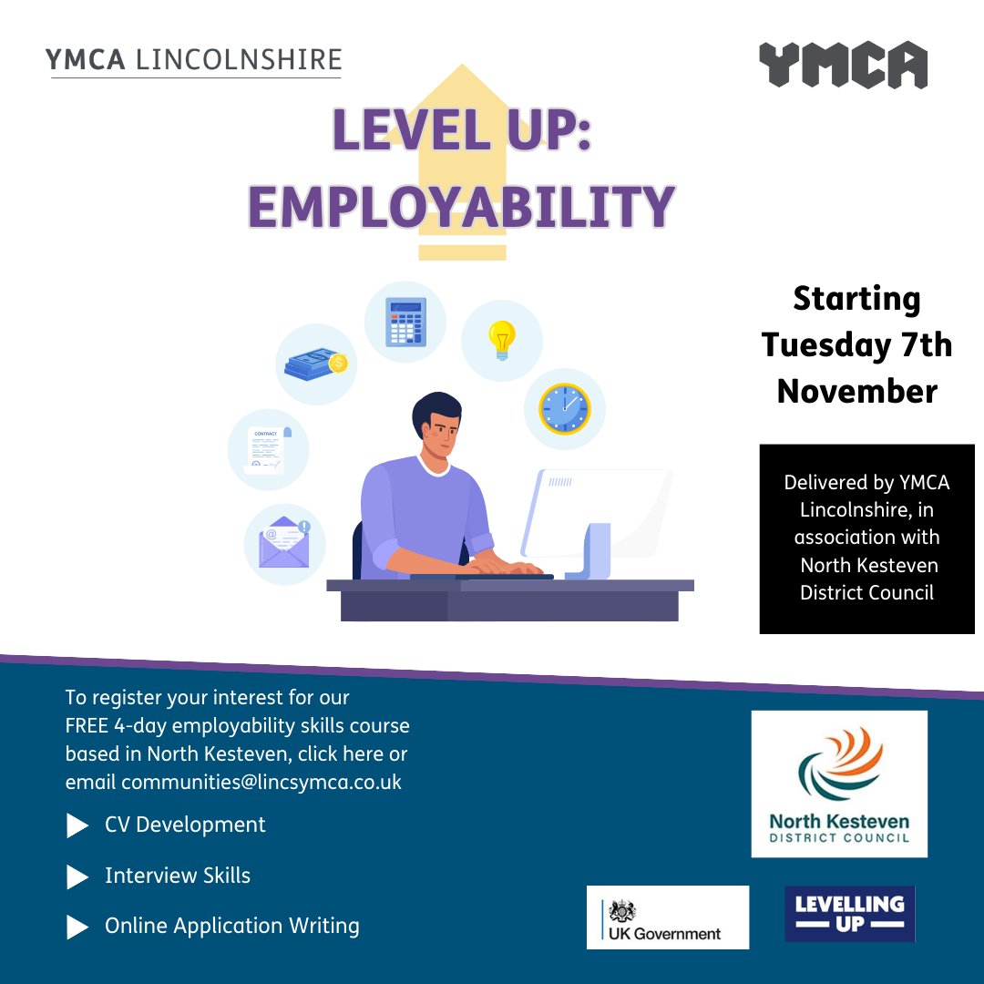 Live in the North Kesteven area, and looking to level up your employability skills?✍️

Sign-up to our free 4-day course based in Sleaford, where we'll be levelleling up our CVs, interview skills and our application writing!

Click here to sign-up today - shorturl.at/tBJR6