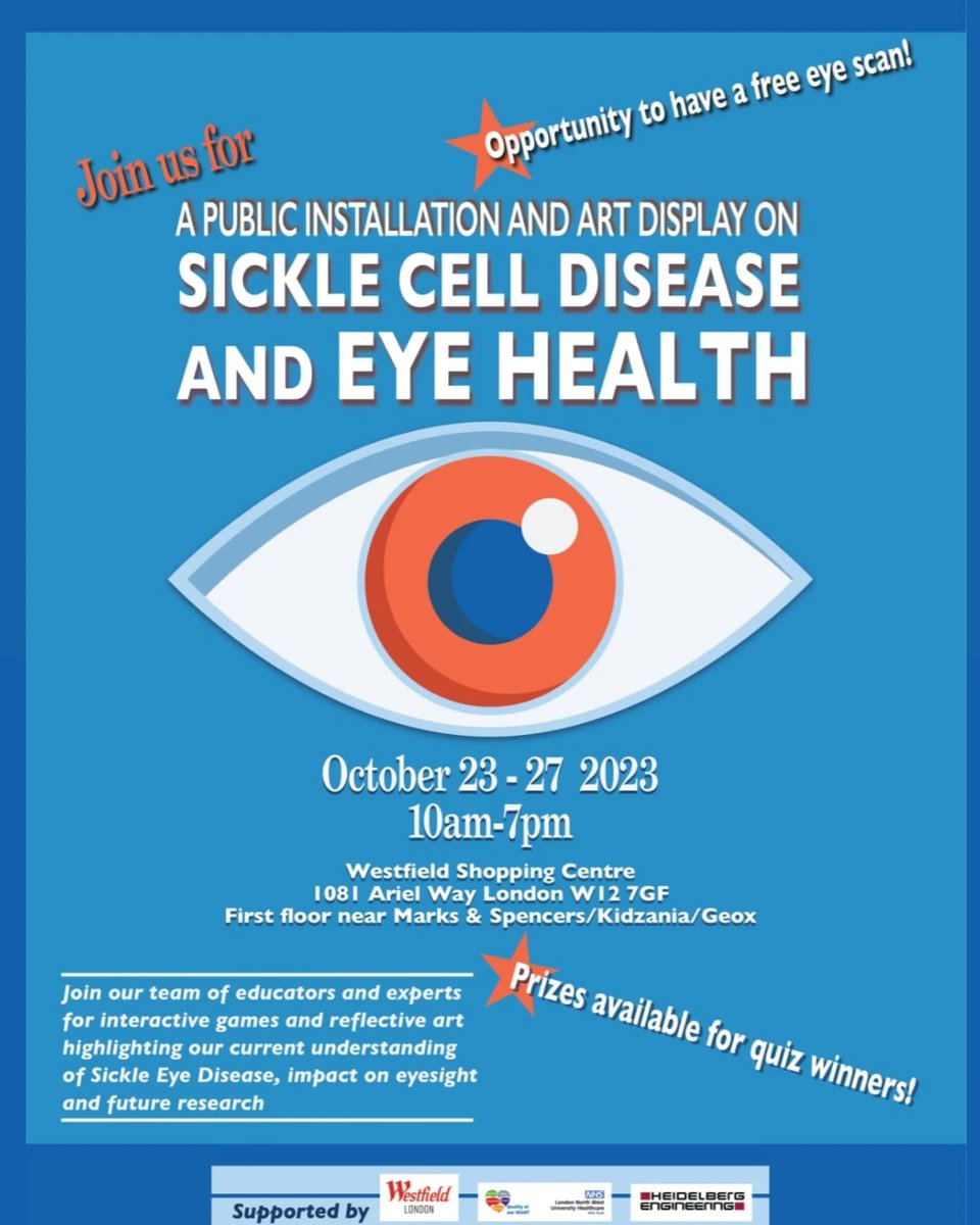 How much do you know about Sickle Cell and eye health? The North West London Clinical Research Network are holding an art installation at Westfield Shepherds Bush from the 23-27 October, 10am - 7pm. You can also learn more about #sicklecell and get a free eye scan.