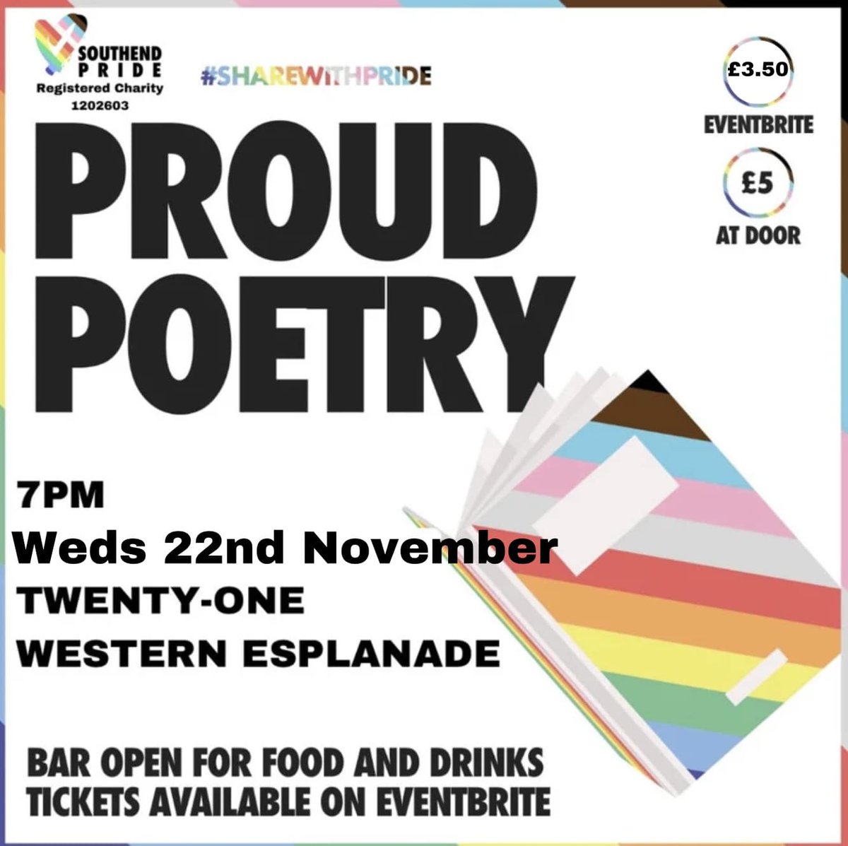 Proud Poetry is back! Always a popular event, grab your tickets now! Link below for tickets: southendpride.square.site/.../proud_poet… #Essex #southendpride #pride🌈 #lgbtq🌈 #southendonsea #southendonseaessex Southend Pride Registered Charity No. 1202603