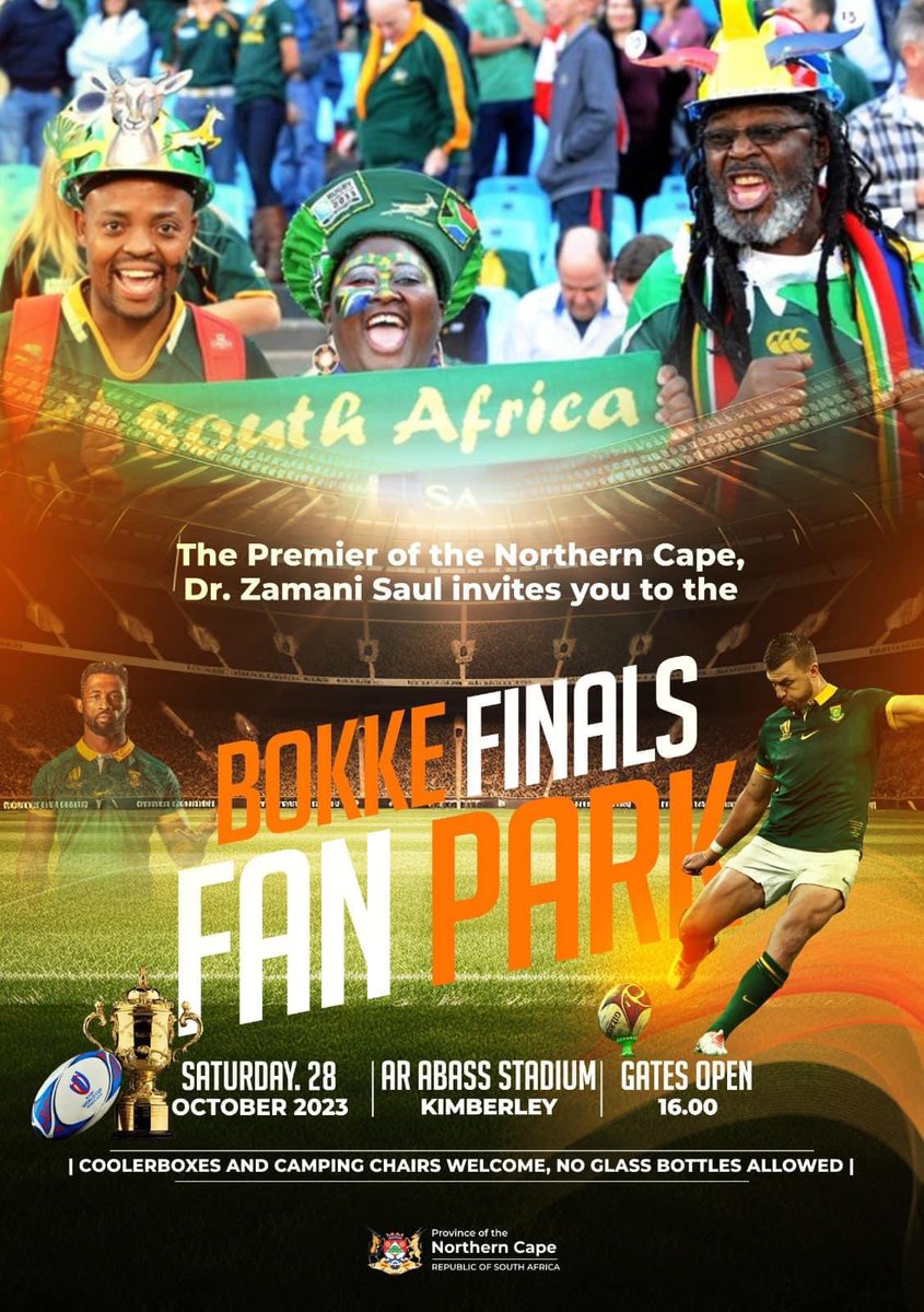🇿🇦🏉 🇳🇿 Calling all rugby fanatics! 

NC, It's time to turn up the heat and support our beloved Springboks. Join us on  Saturday 28th October 2023 at AR Abass Stadium in Kimberley from 16h00 until late. 

#northerncape
#rugbyfever
#moderngrowingsuccessfulprovince