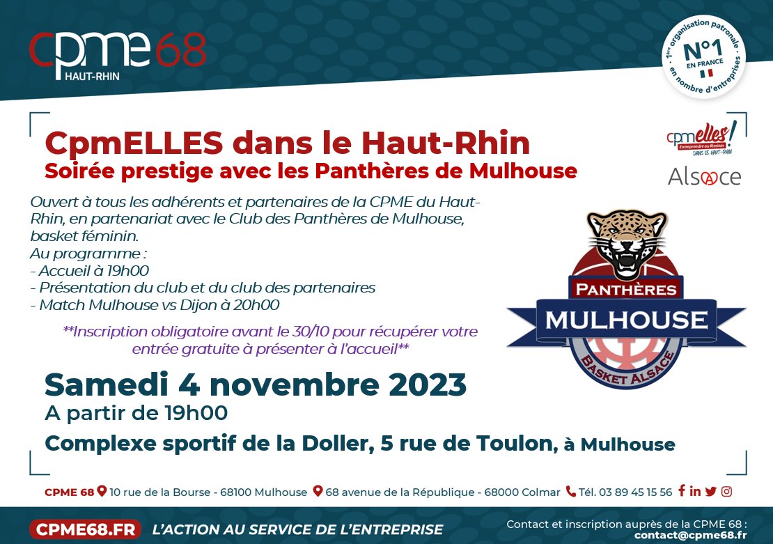 Cpme68's tweet photo. 🏀 Invitation du réseau CPME du Haut-Rhin 🥨 #SudAlsace #CPMELLES en partenariat avec les Panthères de Mulhouse, équipe de basket féminin.
#Sport #Business https://t.co/VThf8Mzna7
