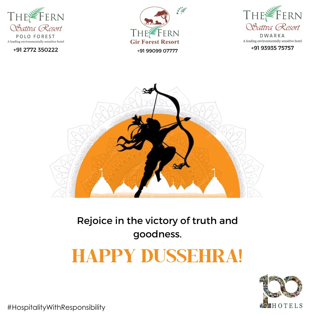 Dussehra is a reminder that no evil can stand against the power of goodness.

Enquire now or contact us to know more at +91 9909 907777 or visit fernhotels.com/the-fern-gir-f…

#TheFernSattvaResort | #FernGirForestResort | #FernGir | #Ahmedabad | #Rajkot | #Jamnagar | #ForestResort |