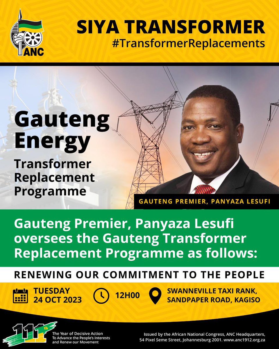 GautengANC's tweet photo. We are starting a massive task to replace all broken and missing transformers in Gauteng. The ANC led Gauteng Gov, in partnership with Eskom and City Power, will today, 24 October 2023, kickstart the Transformer Replacement Programme rollout in Kagiso, West Rand.
#ANCatWork https://t.co/8wCzp8vEH1