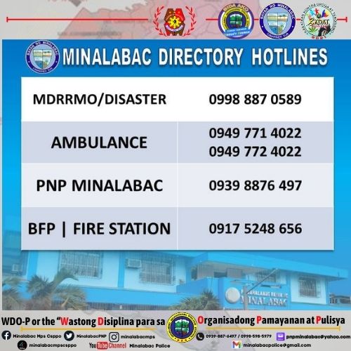 MinalabacPNP's tweet photo. Emergency Hotlines

#serbisyongnagkakaisa
#toserveandtoprotect https://t.co/sOkrIWaZlq