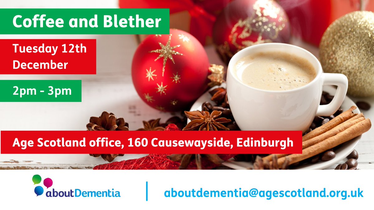 About Dementia (@aboutdementiasc) on Twitter photo It's too early to mention that word (Christmas), yes we know! But's never too early to mention coffee! We know your December diary fills up quickly so wanted to let you know well in advance about our next coffee event in <a href="/agescotland/">Age Scotland</a> office for people affected by dementia. It's too early to mention that word (Christmas), yes we know! But's never too early to mention coffee! We know your December diary fills up quickly so wanted to let you know well in advance about our next coffee event in <a href="/agescotland/">Age Scotland</a> office for people affected by dementia.