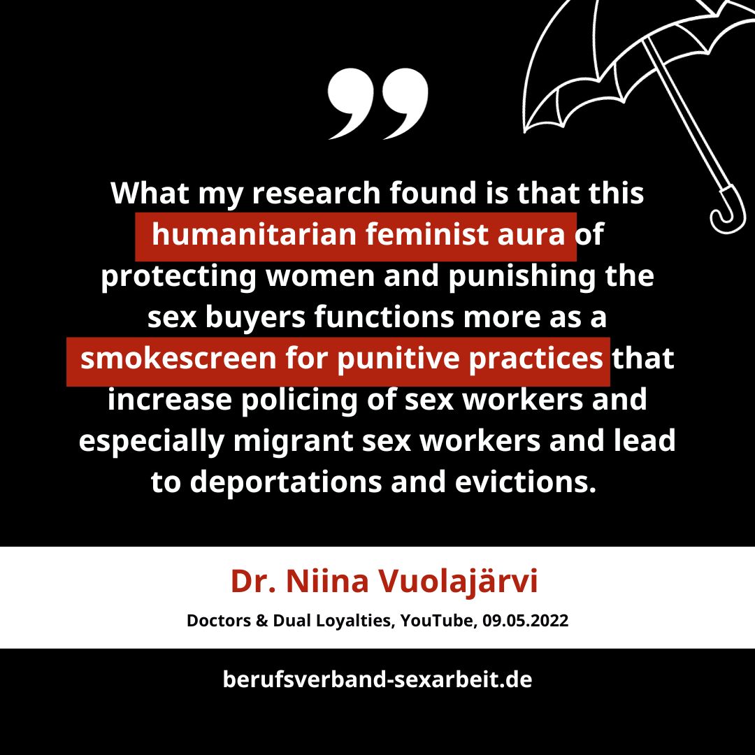 Dr. Niina Vuolajärvis Forschung zeigt: Der feministische 'Schutz für Frauen' durch ein #Sexkaufverbot ist ein Deckmantel für Strafpraktiken, die den Sexarbeitenden schaden sollen. @NiinaVu