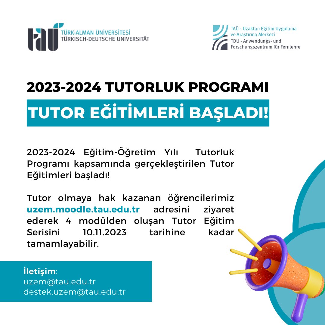2023-2024 Eğitim-Öğretim Yılı Tutorluk Programı kapsamında gerçekleştirilen Tutor Eğitimleri başladı!

Tutor olmaya hak kazanan öğrencilerimiz uzem.moodle.tau.edu.tr adresini ziyaret ederek 4 modülden oluşan Tutor Eğitim Serisini 10.11.2023 tarihine kadar tamamlayabilir.