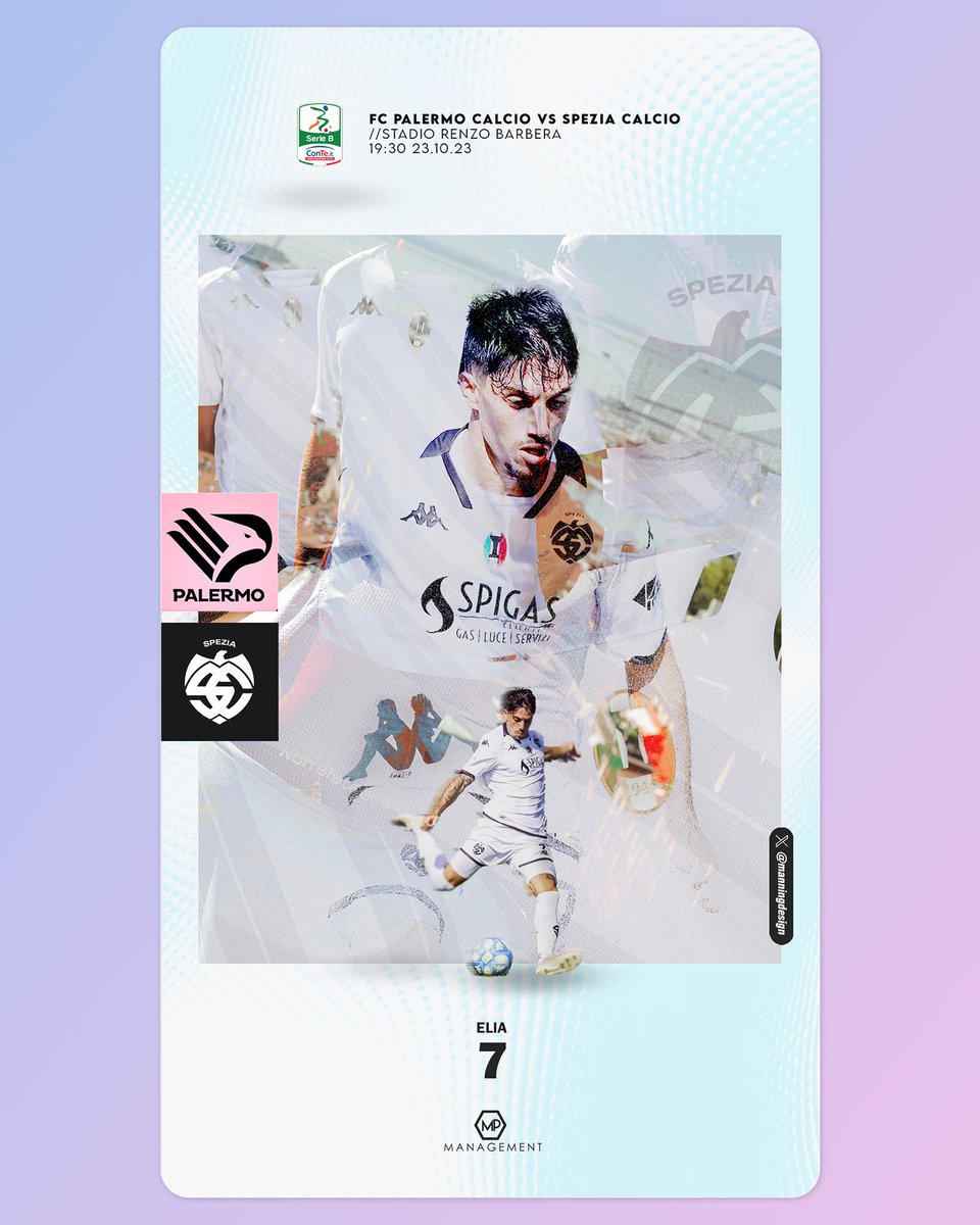 manningdesign's tweet image. MATCH DAY graphic for Salvatore Elia, no. 7 for @SpeziaCalcio 

They played last night in a 2-2 draw against @Palermofficial 

#GameDayGraphics #SoccerDesign #PlayerArt #MatchDayArt #SportsCreative