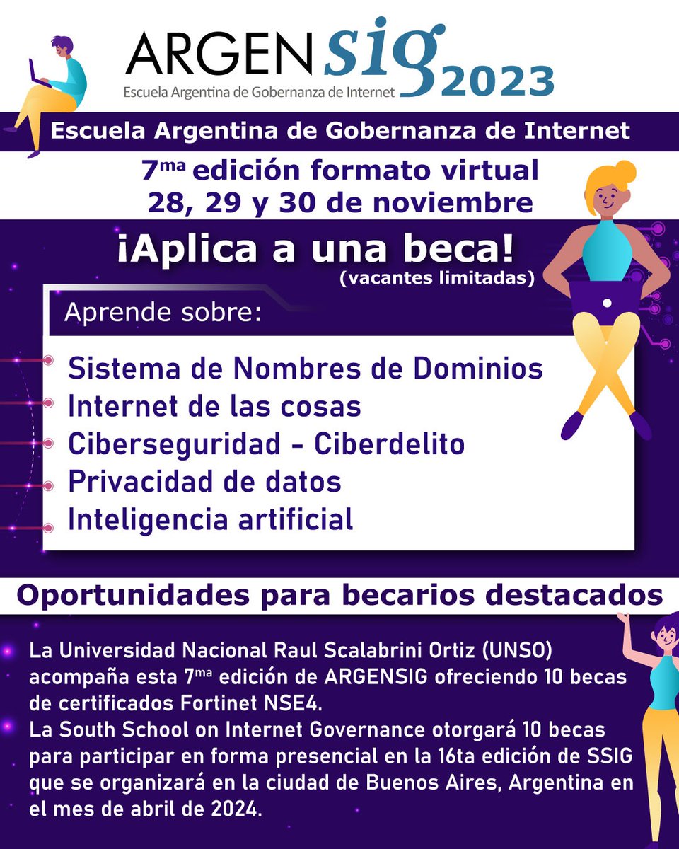Becas para #ARGENSIG2023 la #escuela #Argentina de #Gobernanza de #Internet Aplica en este link: 
forms.gle/GsKqD12cjwdzWt…
Oportunidades especiales para #becarios #destacados No te la pierdas! #ICANN #ICANN78 @ccatlat  @ARGENSIG @SSIGLAC #IGF2023 @isocargentina