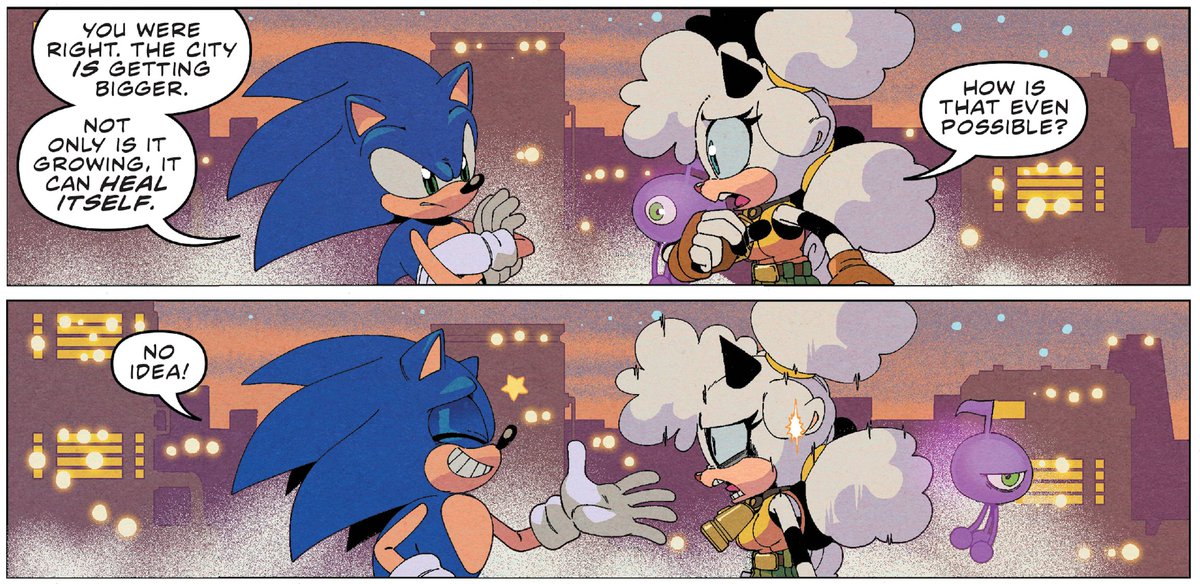 A little while ago @ChemicalCha02 uploaded quietly to a few Sally Acorn Facebook groups these edits of her in the place of Lanolin the sheep from issues 57 &amp; 58 of the Sonic IDW comics. It's incredible how well she fits into the comics here so seamlessly! (1 of 4)