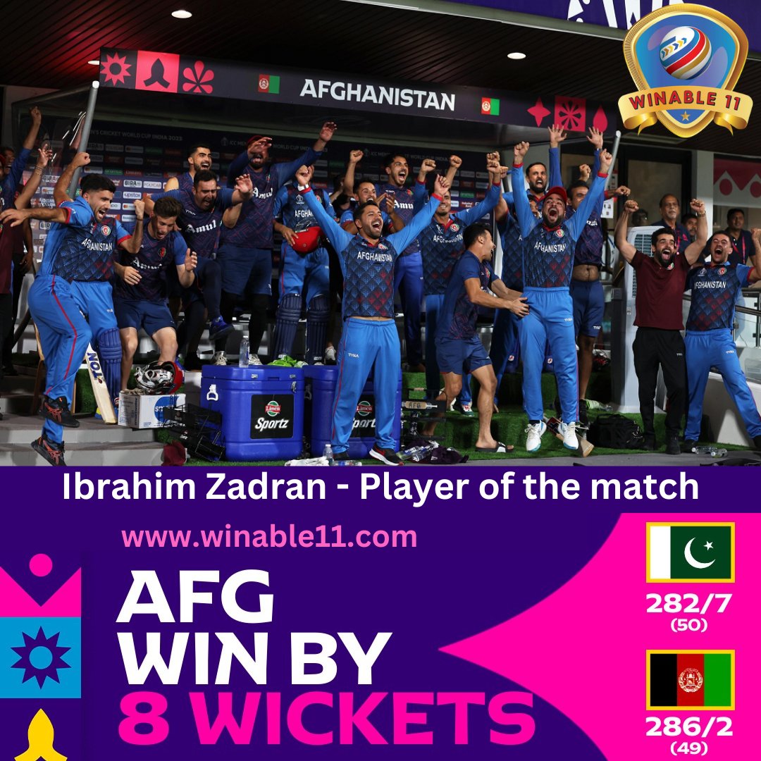 Winable11's tweet photo. 🇦🇫🏏 A composed 87 from Ibrahim Zadran led Afghanistan to their maiden ODI victory against Pakistan in Chennai!🌟👏

#CWC23Victory #PAKvAFG in #ICCWorldCup2023 #LaunchingSoon #FantasyCricketApp #Winable11 #Winable11Excitement https://t.co/gKdSdyBHJ3