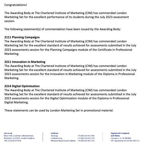 LndMktSet's tweet photo. We're delighted to have received further @cim_marketing Commendations!

#cimcommendations #openevening #virtualopenevening #cim #cimdiploma #innovation #innovationinmarketing #cimdigitaldiploma #classes #digitalmarketing #marketing #cimlevel3 #cimlevel4 #cimlevel6 #cimcertificate https://t.co/EXloQ1eDLl