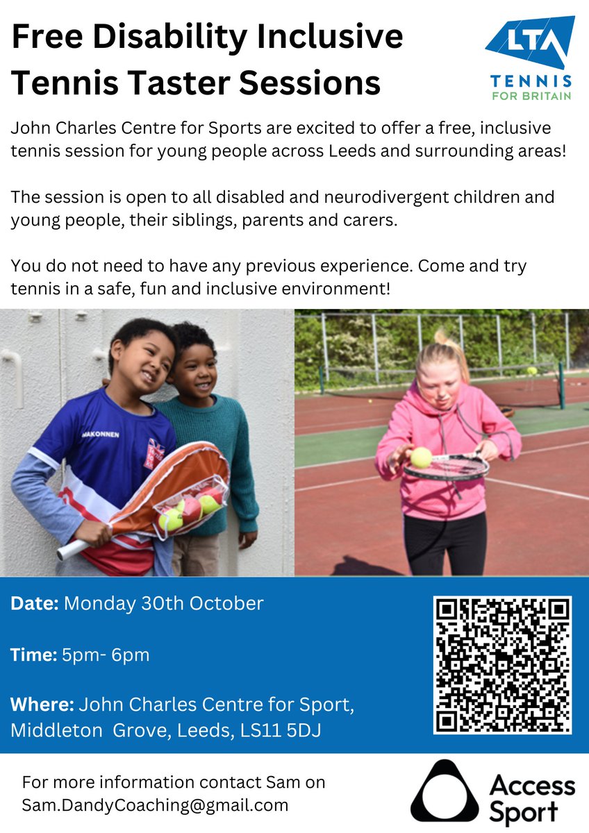 SarahJones_94's tweet photo. John Charles Centre for Sport are hosting a free inclusive tennis session on 30th October, 5pm – 6pm! 😁
Open to all disabled and neurodivergent children and their families and carers, and it's free! 🤩

Sign up here: https://t.co/KHZxDkoH0r https://t.co/m6BpnEhh9R