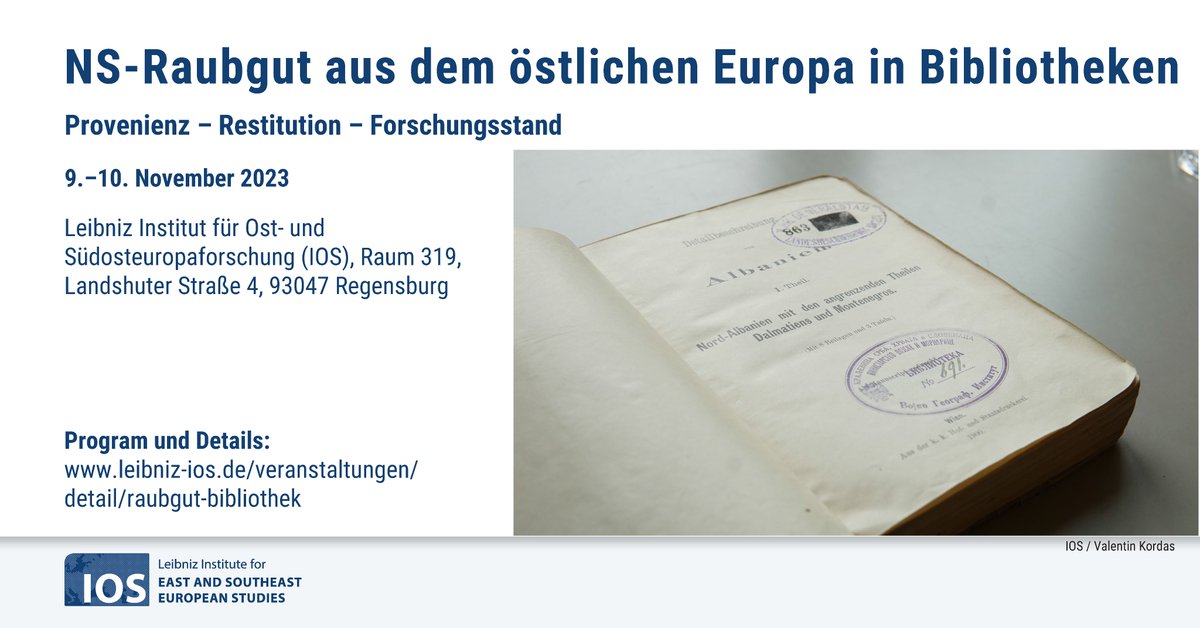 Wie lässt sich #Provenienzforschung in Institutionen mit Sammelgebiet Osteuropa etablieren? Wir diskutieren darüber auf unserer Tagung: 'NS-#Raubgut aus dem östl. Europa in #Bibliotheken' 🗓️ 9.–10.11. | Anmeldung bis 1.11. Mehr: leibniz-ios.de/veranstaltunge… #Provenienz #Restitution