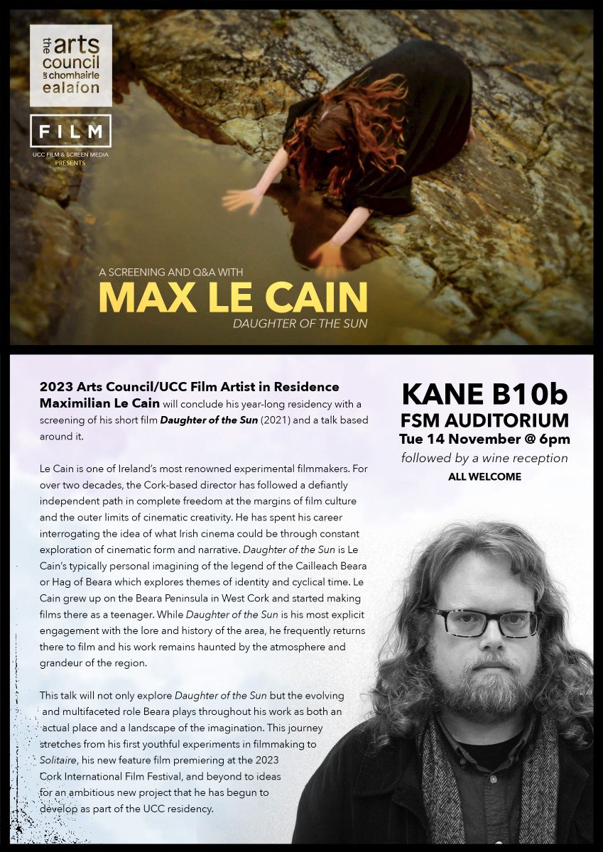 We're delighted to announce the @UCC @artscouncil_ie 2023 Film Artist in Residence, Maximilian Le Cain @close_watch will deliver his end-of-residency talk & screening on Nov. 14th, 6pm. All welcome> details in here⬇️👀! RTs appreciated @aemi_ie @CorkFilmFest @ucccreates @CACSSS1