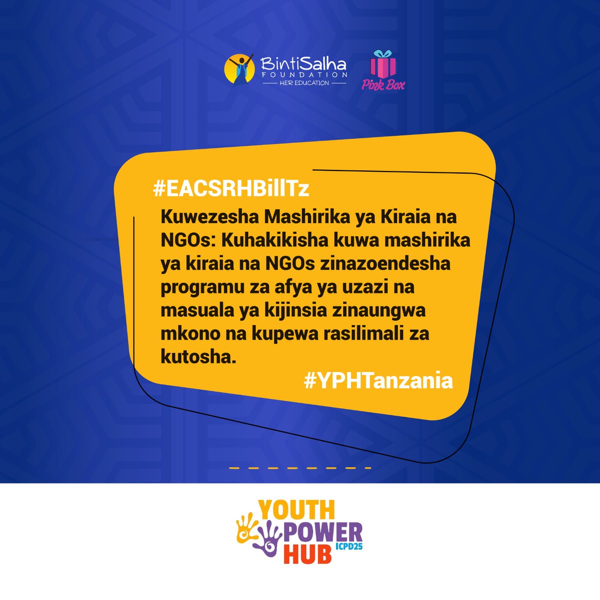 Programu za afya ya uzazi zinapaswa kuendelea kuwezeshwa kutokana na umasikini ndani ya jamii ili kuwezesha
▪︎ Ufikiwaji wa elimu
▪︎ Upatikanaji wa vifaa 
#EACSRHBillTz #YPHTanzania