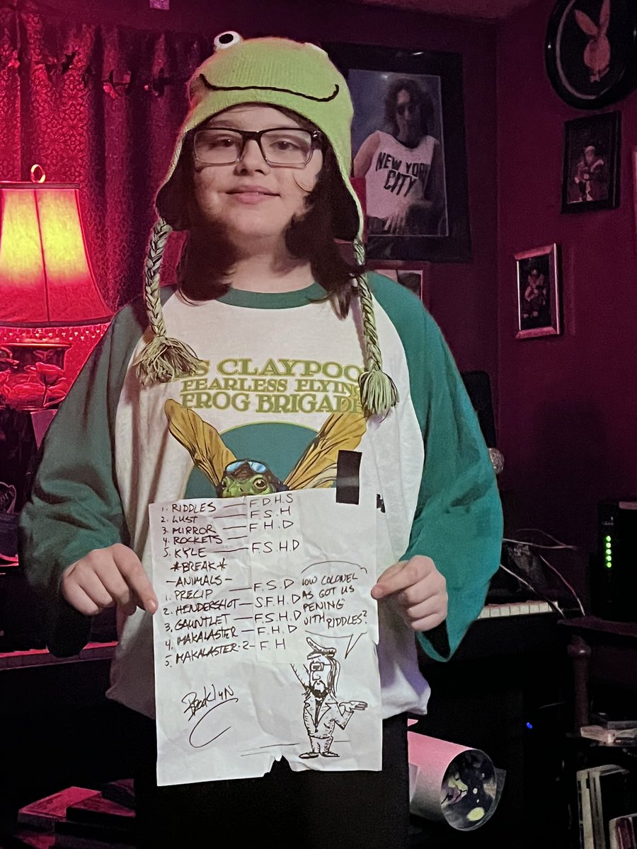 Rosebud1313's tweet photo. Hey @seanonolennon My son, @johnny_moonbeam got your setlist in Brooklyn &amp; he was wondering what letters after the names of the songs mean. #ColonelLesClaypoolsFearlessFlyingFrogBrigade #Brooklyn #JohnnyRay https://t.co/UHLItPCrgN