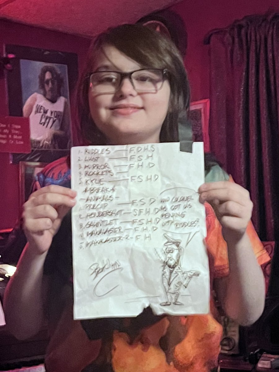 Rosebud1313's tweet photo. Hey @seanonolennon My son, @johnny_moonbeam got your setlist in Brooklyn &amp; he was wondering what letters after the names of the songs mean. #ColonelLesClaypoolsFearlessFlyingFrogBrigade #Brooklyn #JohnnyRay https://t.co/UHLItPCrgN