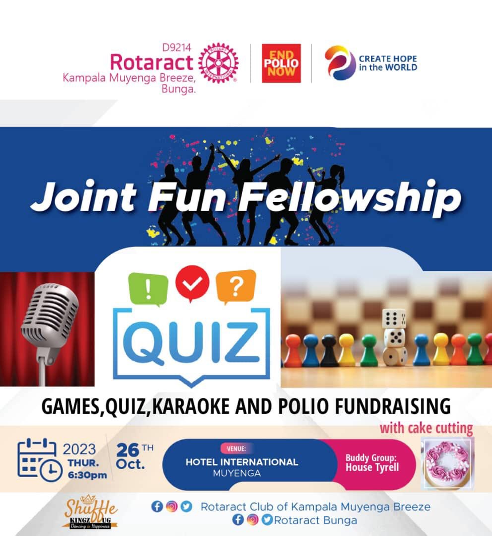 RctMuyengabree's tweet photo. Dearpartners in @RotaractD9213  and @RotaractD9214 its time for enjoyment! book a date with Racs Kampala Muyenga Breeze &amp; Bunga as we take you through a fun filled night with activities such as: 
- Otyo
- Minute-to-win-it
- Quiz
All on 26/10/23 , 6:30pm at hotel international https://t.co/sFe0mgfECc