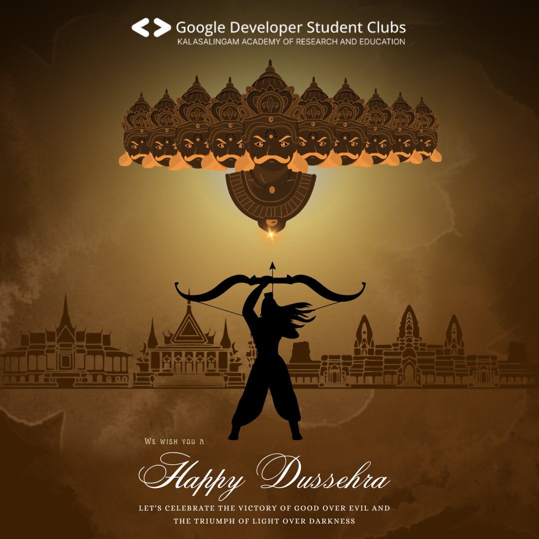 gdsckare's tweet photo. On this auspicious day of Dussehra, we celebrate the triumph of good over evil as Lord Rama defeats the demon king Ravana. May this inspiring tale guide us to conquer our challenges and promote goodness. Wishing everyone a joyous and blessed Dussehra!🏹🌟🙏 #gdsckare #kare #gdsc https://t.co/E23SbOAkS6