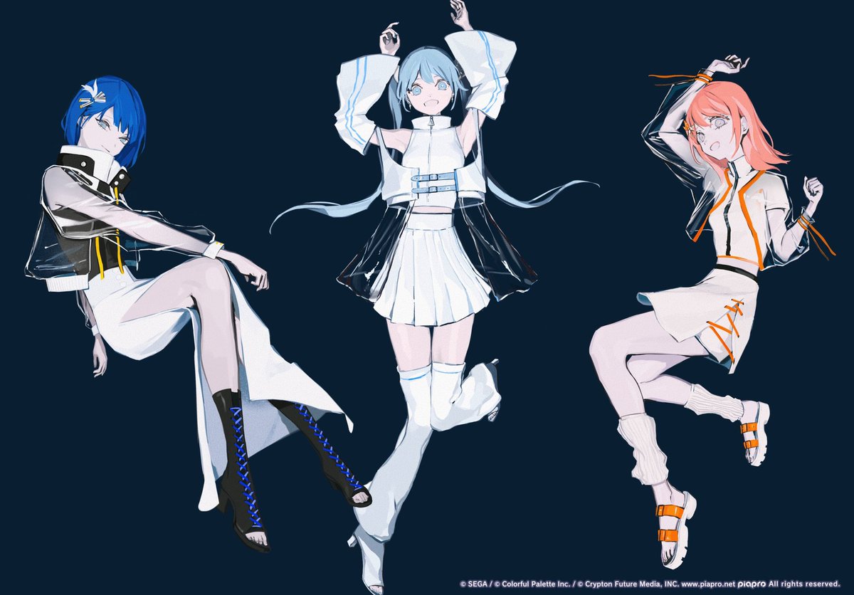 3girls multiple girls blue hair skirt blue eyes boots twintails  illustration images