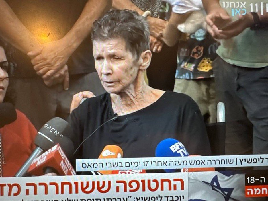 AvivaKlompas's tweet image. Her voice barely a whisper, newly freed Yocheved Lifschitz, 85, said Hamas terrorists took her by motorcycle 

“I was taken, with my legs on one side and my head on the other” of the motorcycle, the wheelchair-bound woman says. While she was being driven, she was beaten with…