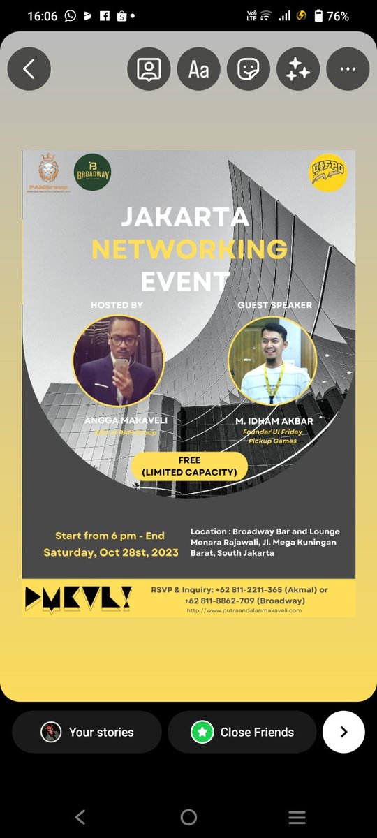 AnggaMakaveli's tweet photo. Jakarta Networking Event Vol 4.

PAM Group Advisory
and DMKVL! @D_MKVL

proudly present 

Mr M. Idham Akbar @midhamakbar, The Founder of UI Friday Pick Up Games as our Guest Speaker. 

#jakarta #network #events https://t.co/X9mosBcDxe