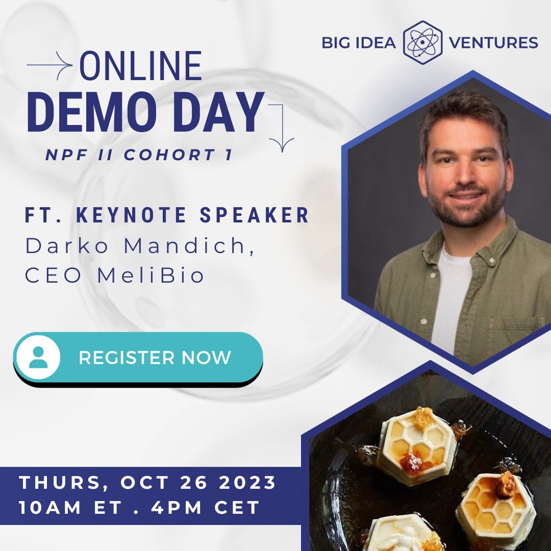 🚨 BIV's Online Demo Day is in TWO DAYS! At this event, you will hear from Darko Mandich, CEO at MeliBio who will be giving a keynote speech about his insights in founding the world's first company developing plant-based honey! 

Register now  👉 rfr.bz/t6snui0