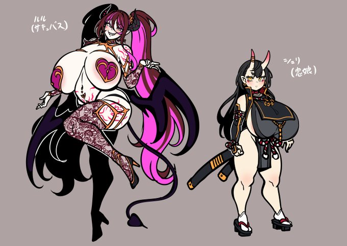 ゆうちゅう部様()より制作中の新作「モンスターパレード～勇者を育てて魔王に復讐!?～」よりメインキャラクター二人のラフを。ロリ爆乳堅物鬼娘と高慢高飛車サキュバスです。ほかにもたくさんモン娘出るぞ! 