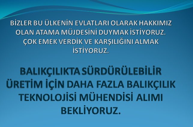 <a href="/ademdinc_/">Adem Dinç</a> <a href="/tarimormanpgm/">Personel Genel Müdürlüğü</a> Türkiye'nin  100. yılına yakışan müjdeli atama haberini <a href="/TCTarim/">T.C. Tarım ve Orman Bakanlığı</a> dan bekliyoruz 
#Balıkçılıkteknolojimuhendisatamaistiyor
<a href="/RTErdogan/">Recep Tayyip Erdoğan</a> <a href="/ibrahimyumakli/">İbrahim Yumaklı</a> <a href="/ahmtbgc/">Ahmet Bağcı</a> <a href="/bekirgizligider/">Ebubekir GİZLİGİDER</a> 
<a href="/memetsimsek/">Mehmet Simsek</a> <a href="/_cevdetyilmaz/">Cevdet Yılmaz</a> <a href="/SenturkBilal/">bilalşentürk</a>