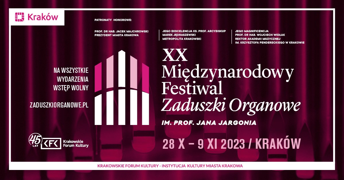 Serdecznie zapraszamy do bazyliki Mariackiej, 28 października (sobota) o godz. 19.30, na koncert inauguracyjny XX Międzynarodowego Festiwalu Zaduszki Organowe.