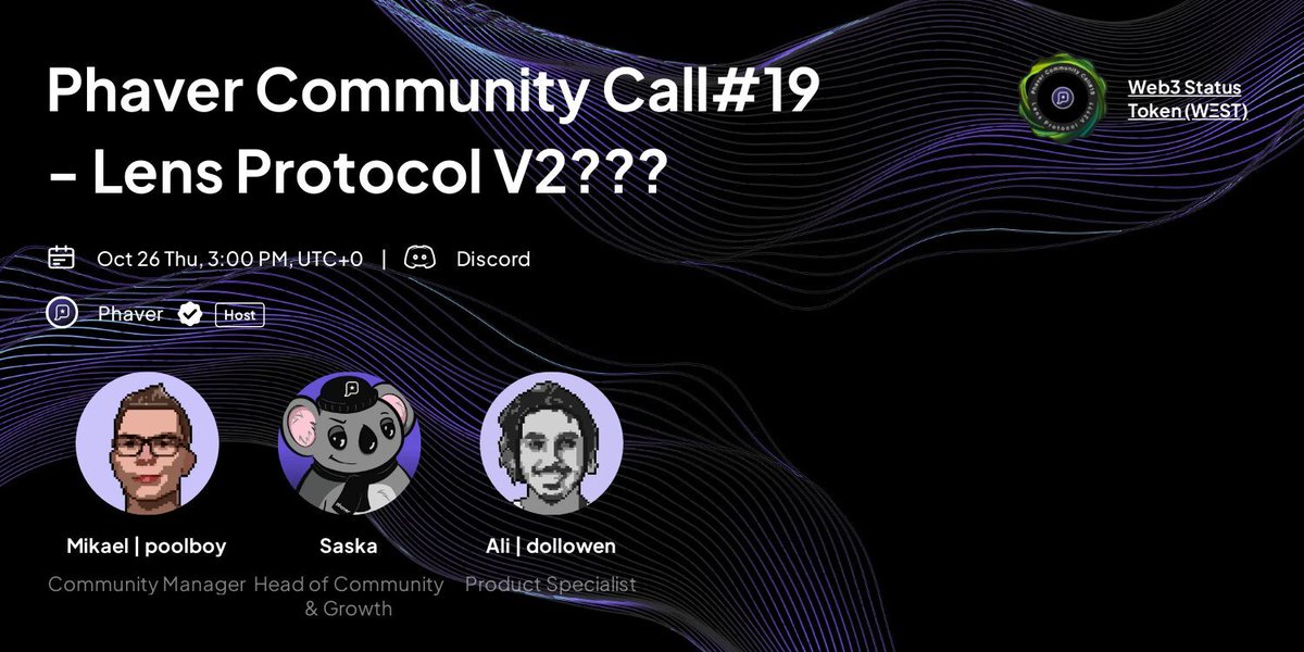 ai_socialdao's tweet photo. GM GM Frens! 💜

Curious about the next BIG thing @LensProtocol V2? 🙌 

Join Community Call # 19 for fresh Lens &amp; Phaver updates 🌿🦄

⏰ Thu, Oct 26, 3pm UTC
📍 Phaver Discord Stage

Add to calendar &amp; enter raffle: https://t.co/j3qJrwtTtO

Catch you there! 🚀 https://t.co/3pXGV9odwy