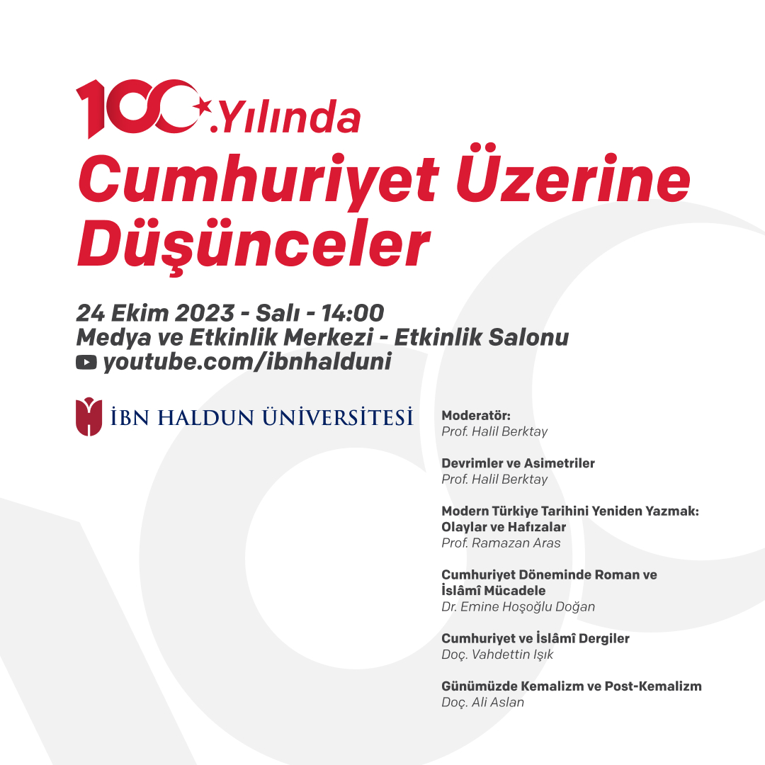 IHUHistory's tweet photo. Panel: "100. Yılında Cumhuriyet Üzerine Düşünceler" hocalarımız #HalilBerktay #RamazanAras #EmineHoşoğluDoğan #VahdettinIşık &amp; #AliAslan ın katılımları ile bugün saat 14:00'de @ibnhalduni Başakşehir yerleşkesinde!

Canlı Yayın: https://t.co/HbJdJoaDZZ

#Cumhuriyet100Yaşında https://t.co/lbuPwKNTlT