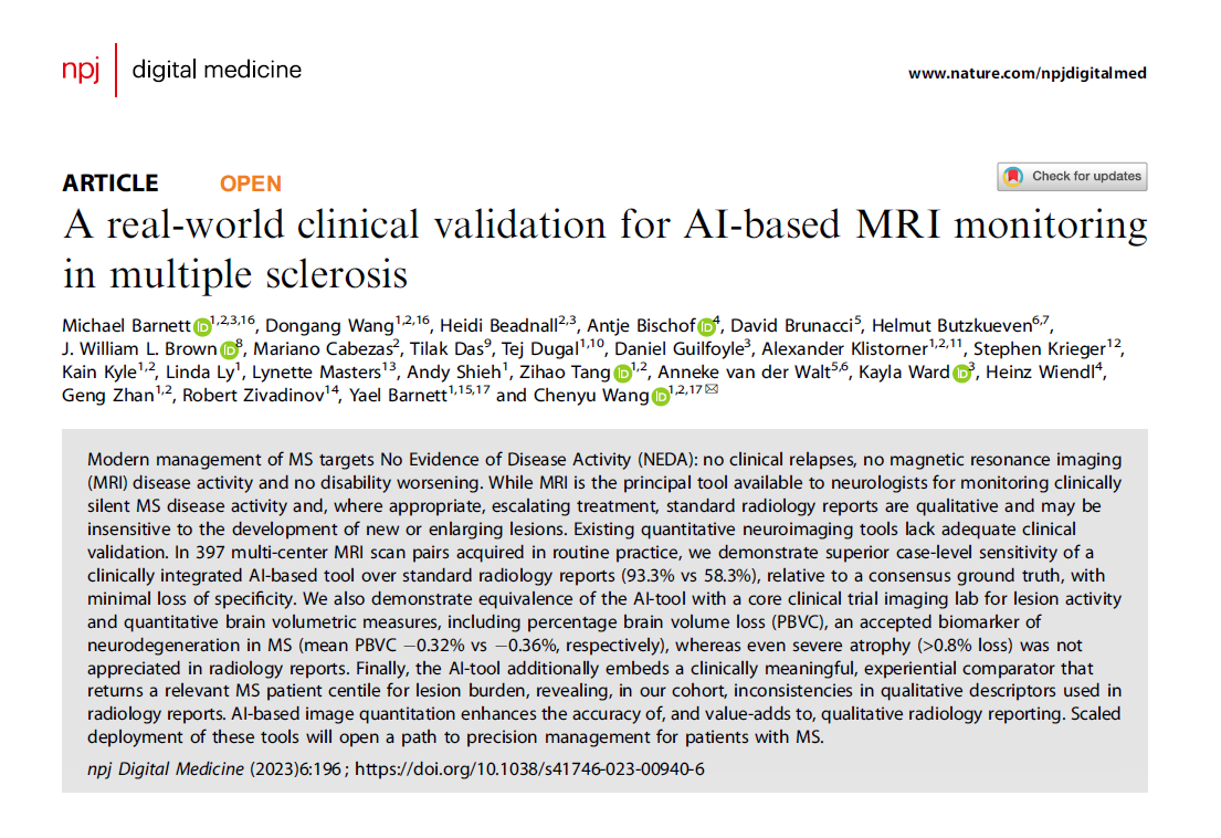 This article offers a comprehensive clinical validation of an AI-based neuroimaging tool for real-world monitoring of #MultipleSclerosis. Offering a realistic path towards #PrecisionMedicine for people with MS, quantifying conventional radiology reports.

nature.com/articles/s4174…