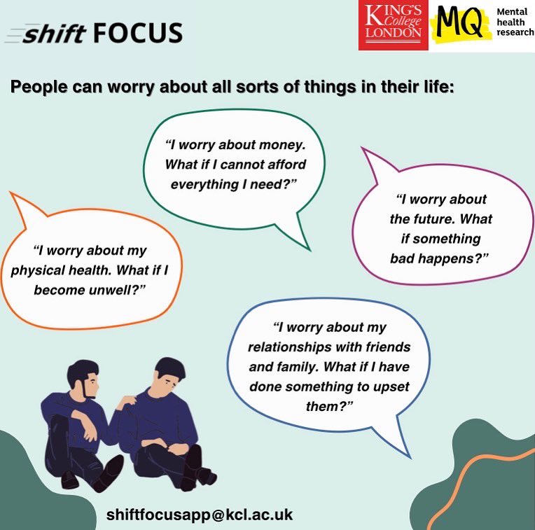 ShiftFocusKCL's tweet photo. People can worry about all sorts of things in their life. Can you relate to any of these worries or think of any you could add?

#mentalhealthresearch #worry #mentalhealthawareness #youngpeople https://t.co/CZV8HeShxQ