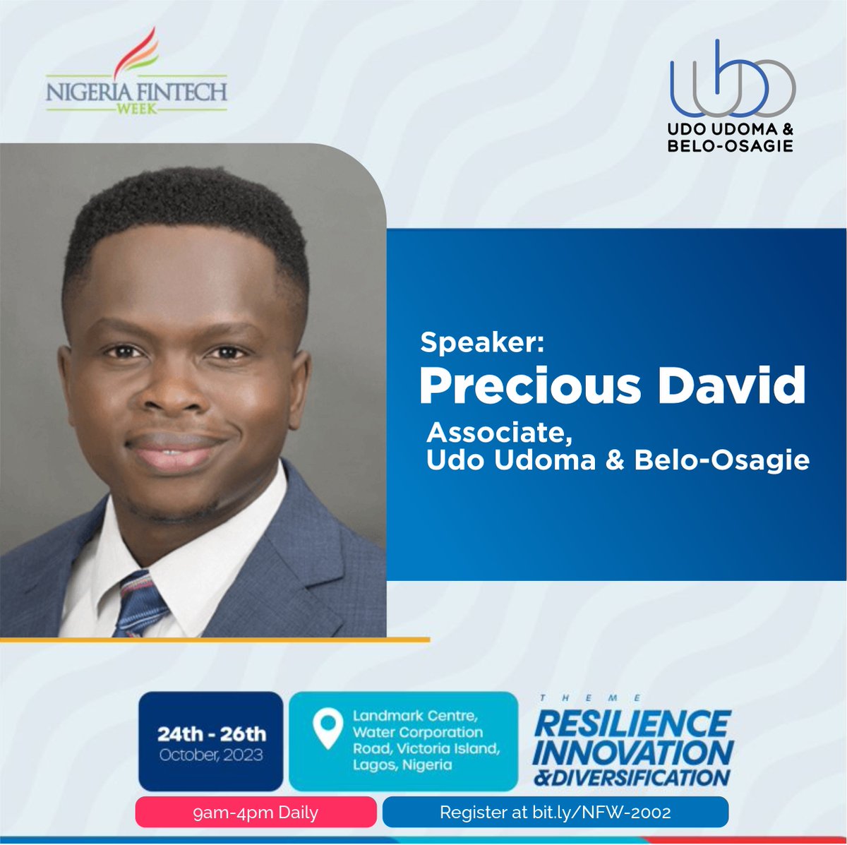 uubolaw's tweet photo. Our associate, Precious David, will speak at Nigeria Fintech Week 2023. The event themed "Fintech: Resilience, Innovation, and Diversification" is scheduled from 24 – 26 October 2023 in Lagos, Nigeria. This event is proudly sponsored by #UUBO
#NFW2023 #NFW23 #Fintech https://t.co/weds99reL1