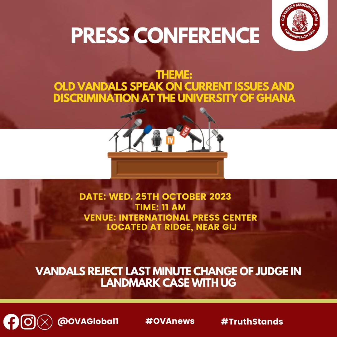 OVAGlobal1's tweet photo. #TruthStands
Fellow Vandals,
We will be live at International Press Centre Located at Ridge, Near GIJ
Wed. 25th Oct. 2023 at 11am
‼️OLDVANDALS AFFAIRS
#OVAnews
#OldVandals #Vcharge #TVxyz https://t.co/zCbkaDZReu