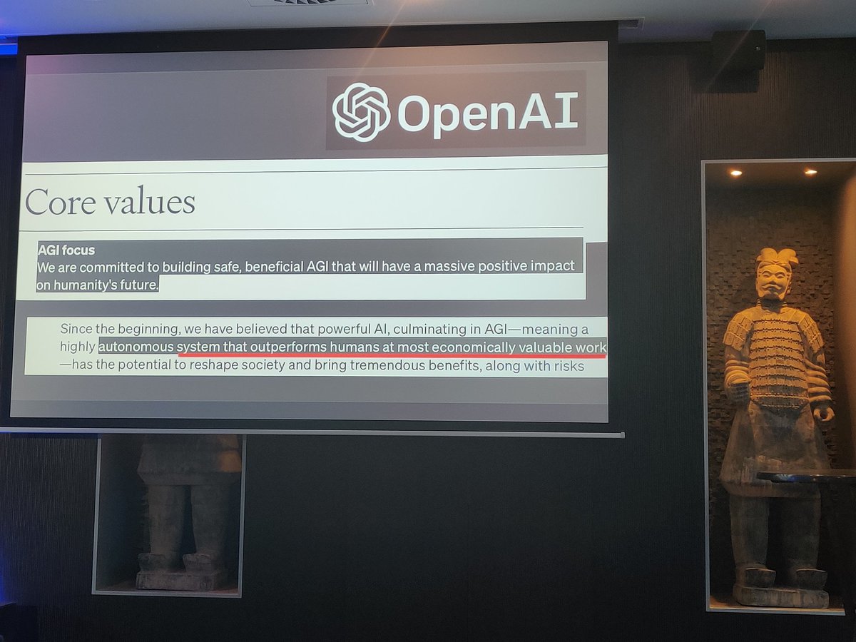 ArentsHA's tweet photo. At #IDCGX, @ElukkaE, director Data-Driven Innovation Initiative @EdinburghUni, warns that the explicit goal of @OpenAI is to build an Artificial General Intelligence #AGI that will "#outperform #humans at most economically valuable work". Is that what we really want? https://t.co/NQxkNZmoGO