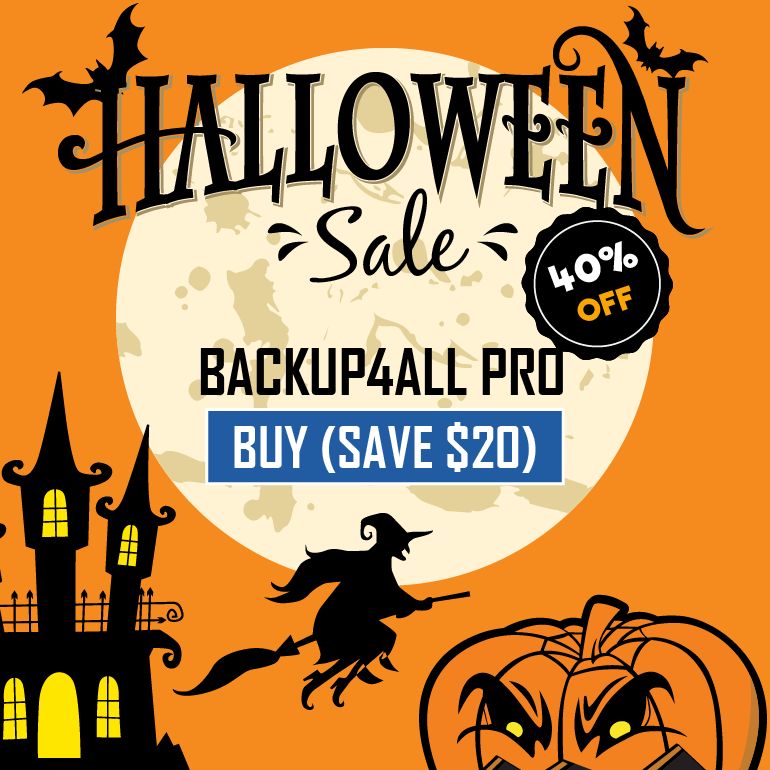 backup4all's tweet image. Are you ready to get spooky 🎃👻? Don't miss our exclusive #Halloween sale! Upgrade your #backupsolution with a 40% discount for Backup4all. Protect your valuable data and ensure its safety with this limited-time offer. Join the #HalloweenSale: buff.ly/3SNOO7Y