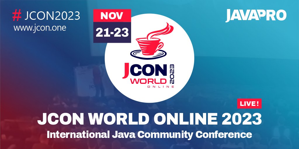 Save the NEW Date: #JCON2023, Nov 21-23
Join us at JCON WORLD ONLINE 2023:

▪️ Access to all live sessions &amp; recorded sessions
▪️ 5 parallel streams
▪️ 100+ speakers
▪️ 110+ talks live
▪️ 2600+ participants
▪️ &amp; more!

Tickets: 2023.world.jcon.one/tickets
Free for all #JUG members