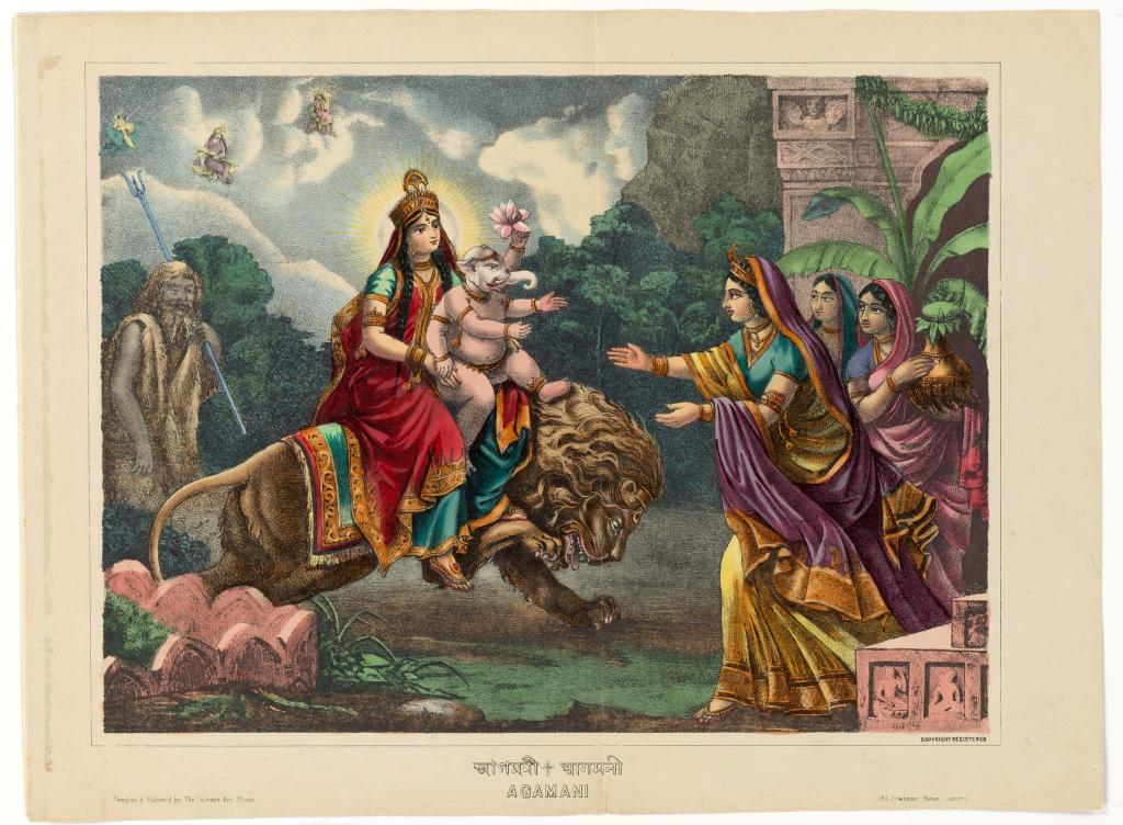 kamlesm's tweet image. Devi Durga 
Mahadevi Parvati comes home with child Ganesh, welcomed by mother. Is Mahadev Shiv holding Trishul shown following devi ? 
Agamani Vijaya tradition in Bengal
Lithograph print 1878-1883
@metmuseum 
माँ जगधात्री