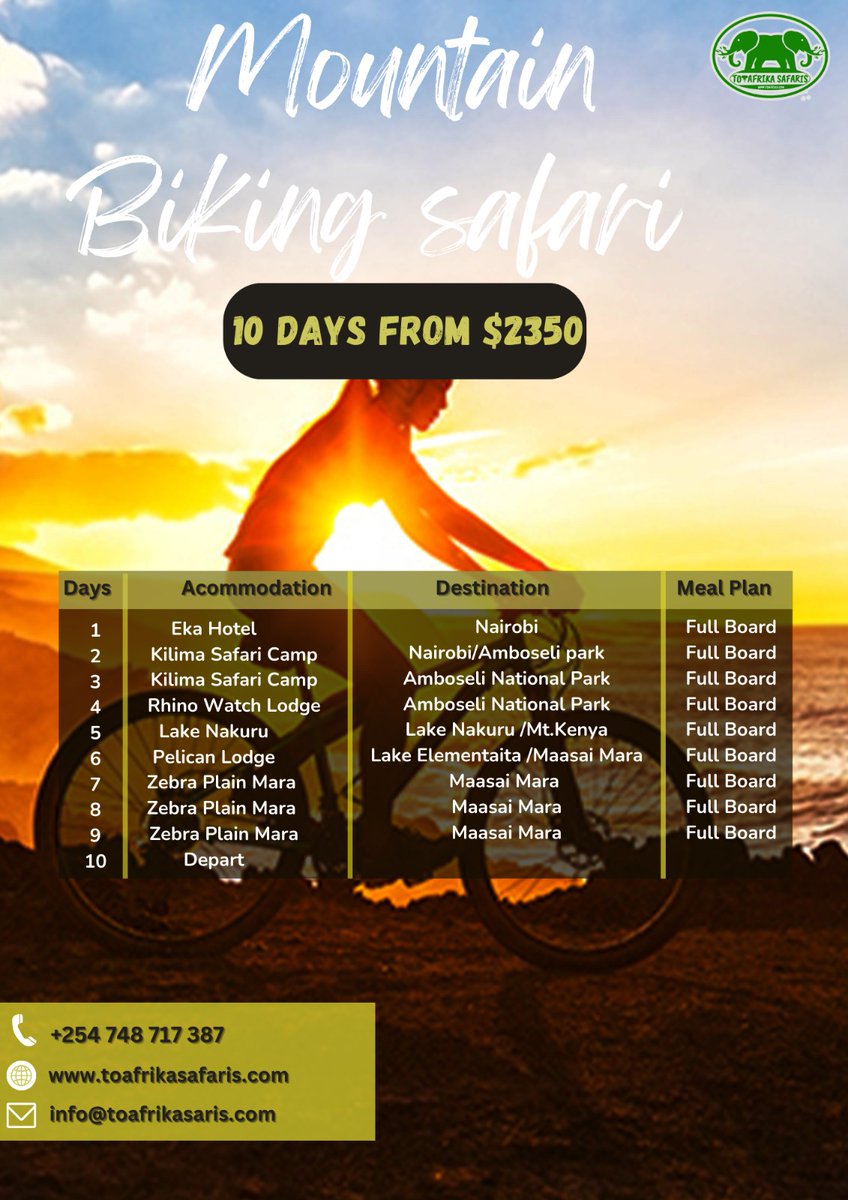 ToAfriKa1's tweet photo. For those passionate about mountain biking, we offer an incredible safari that not only allows you to uncover Kenya's stunning landscapes but also witness wildlife thriving in their natural habitat.

For bookings: 
📲+254 –748 717 387
📧info@toafrika.com

#mountainbiking #explore https://t.co/P4sS7yUGmN