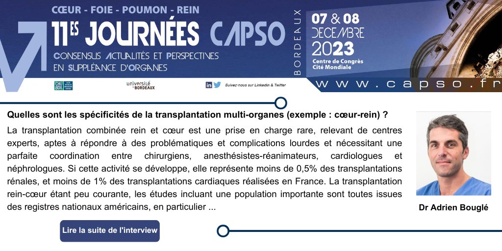🔎sur le sujet d'A. Bouglé sur les spécificités de la #transplantation #multiorganes, lors des #CAPSO23. Assistez à cette intervention le 08/12/23
Résumé: urlr.me/Hxj9S
Inscription: capso.fr/inscription/
#rein #coeur #anesthésie #réanimation #cardiologie #néphrologie